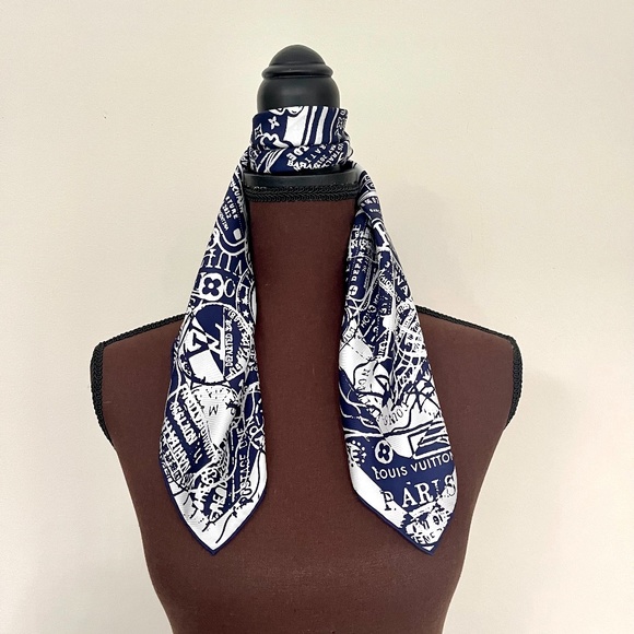New Louis Vuitton Scarf Luggage Travel Stamps Blue Silk Scarf Wrap - Picture 12 of 14